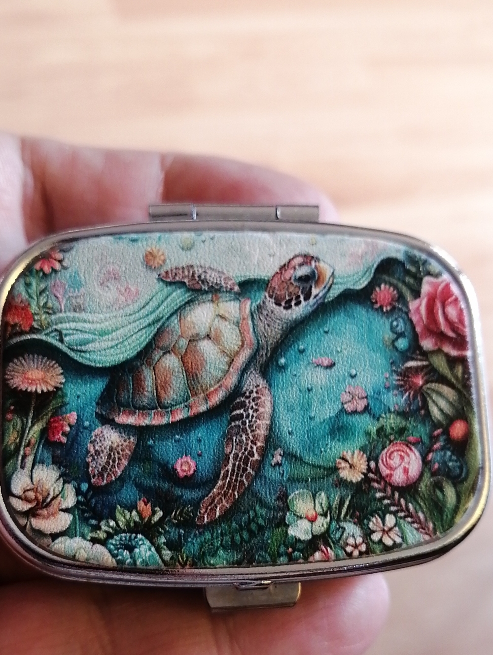 Sea Turtle Floral Trinket/Pill Box Turquoise and Pink